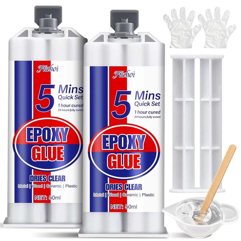 Fuchoi 5 Minute Epoxy Glue, 3.4oz Fast Curing Epoxy Resin Kit, Clear 2 Part Epoxy Adhesive for Metal, Plastic, Wood, Ceramic, Glass, Fiberglass and More - Waterproof, Universal, Strong Bond Repair Glue - Image 1